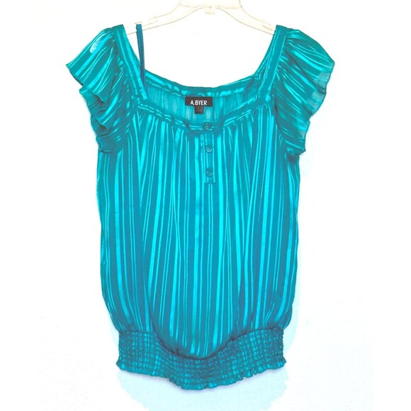 A.BYER Women’s Top  square neckline, short flutter sleeves Sz XL Sheer Satin Y2K - Picture 1 of 6